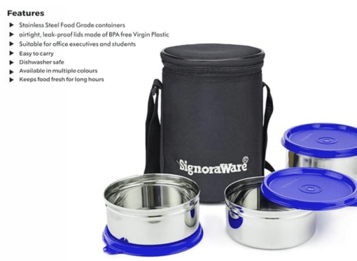 Signoraware Executive Stainless Steel Lunch Box Set 3 with bag | Stainless-Steel Leak-Proof Containers | Full Meal Boxes (Container Size 350mlx2 | 500mlx1) - Image 3